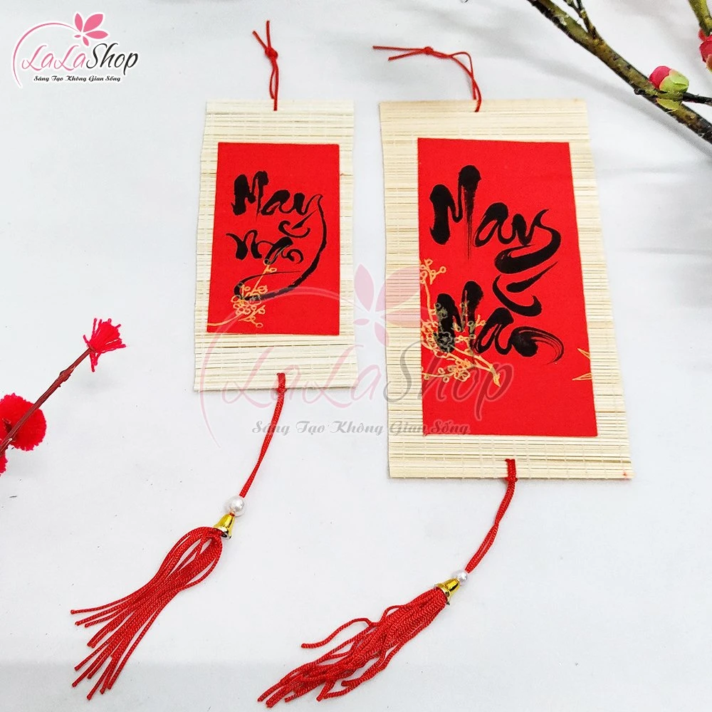 Liễn mành thư pháp đỏ chữ may mắn liễn treo trang trí tết