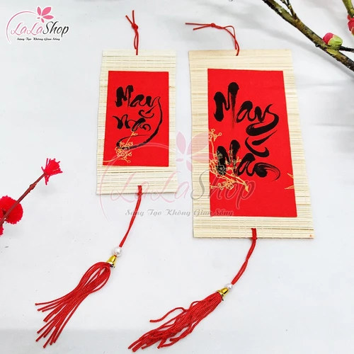 Liễn mành thư pháp đỏ chữ may mắn liễn treo trang trí tết