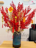 Bình hoa đào đông tài lộc để bàn lớn kèm phụ kiện treo trang trí tết