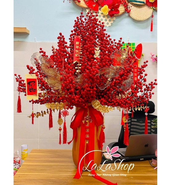 Bình đào đông sắc đỏ tài lộc để bàn siêu lớn kèm phụ kiện treo trang trí tết