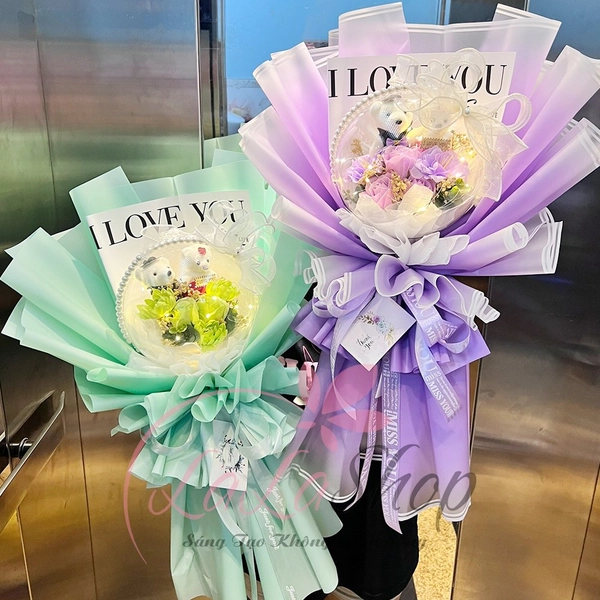 Bó Hoa Sáp Bong Bóng Kèm Gấu Mini I Love You