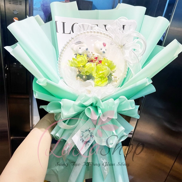 Bó Hoa Sáp Bong Bóng Kèm Gấu Mini I Love You