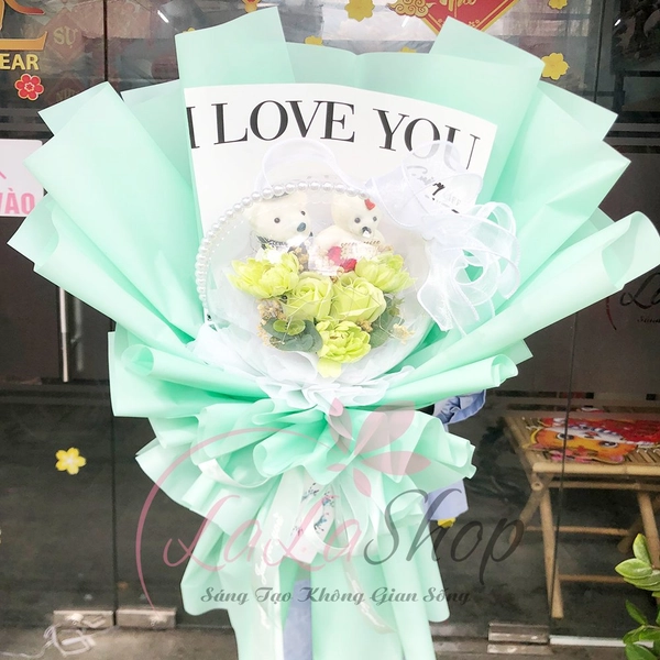 Bó Hoa Sáp Bong Bóng Kèm Gấu Mini I Love You