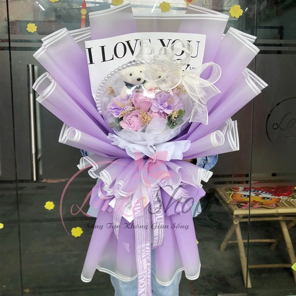 Bó Hoa Sáp Bong Bóng Kèm Gấu Mini I Love You