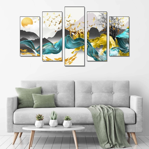 Bộ Tranh Treo Tường 5 Tấm Hươu Vàng May Mắn