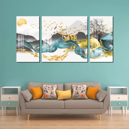 Bộ 3 Tranh Treo Tường Hươu Vàng Tài Lộc