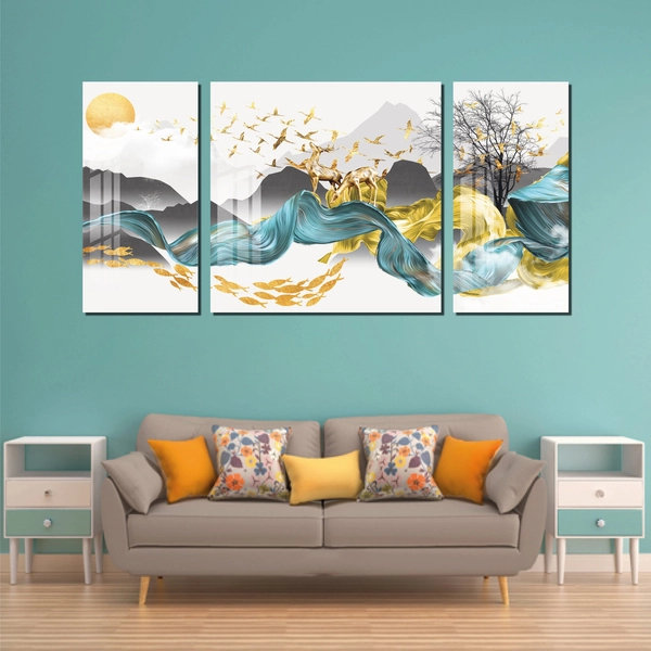 Bộ 3 Tranh Treo Tường Hươu Vàng Tài Lộc