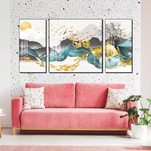 Bộ 3 Tranh Treo Tường Hươu Vàng Tài Lộc