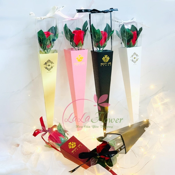Hoa hồng sáp 1 cành ống mica quà tặng cao cấp - đủ màu