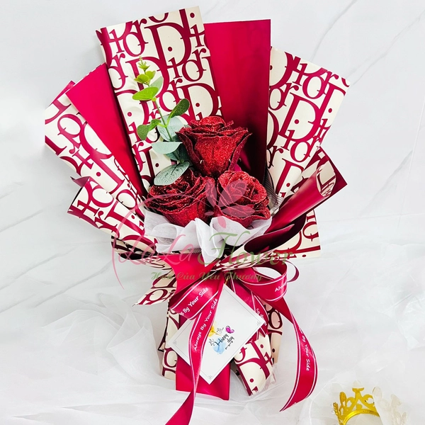Bó 3 bông hoa hồng kim tuyến tỏa yêu thương