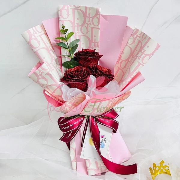 Bó 3 bông hoa hồng kim tuyến tỏa yêu thương