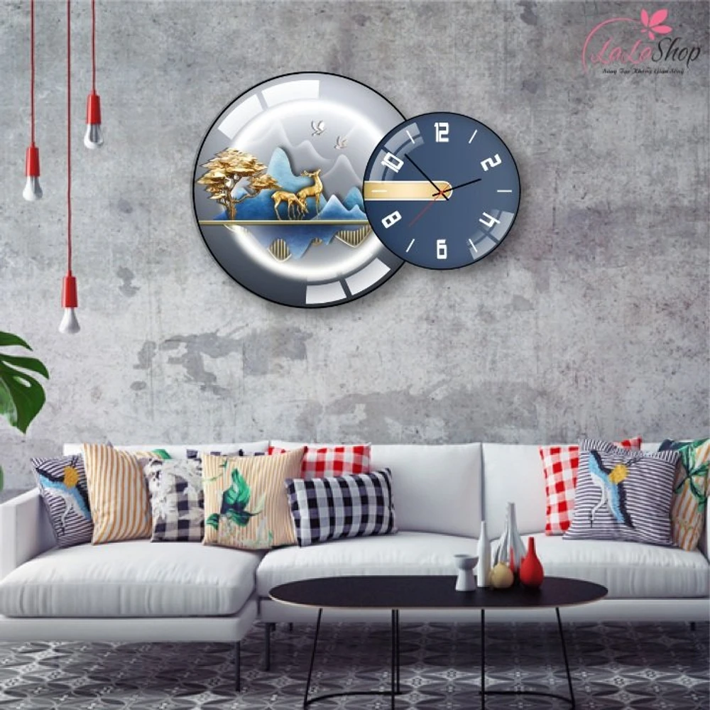 Tranh Đồng Hồ Treo Tường UV Pha Lê Bóng Hươu Và Cây Vàng Nghệ Thuật