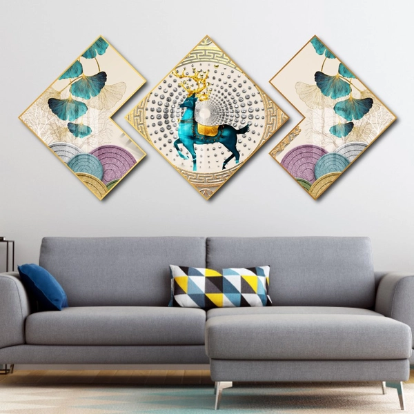 Tranh Tráng Gương Hình Thoi Cây Vàng Và Nai Nghệ Thuật