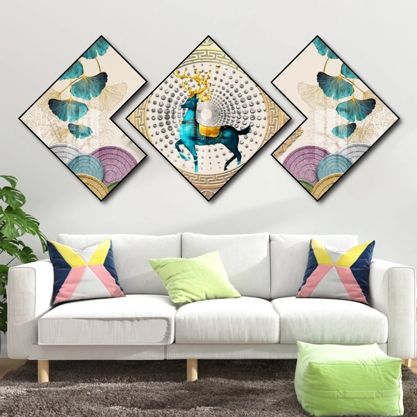 Tranh Tráng Gương Hình Thoi Cây Vàng Và Nai Nghệ Thuật