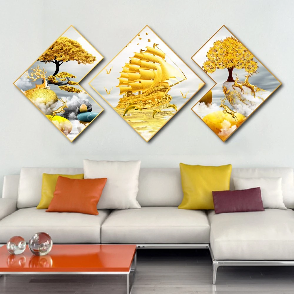 Tranh Tráng Gương Hình Thoi Thuyền Buồm Và Nai Vàng Nghệ Thuật