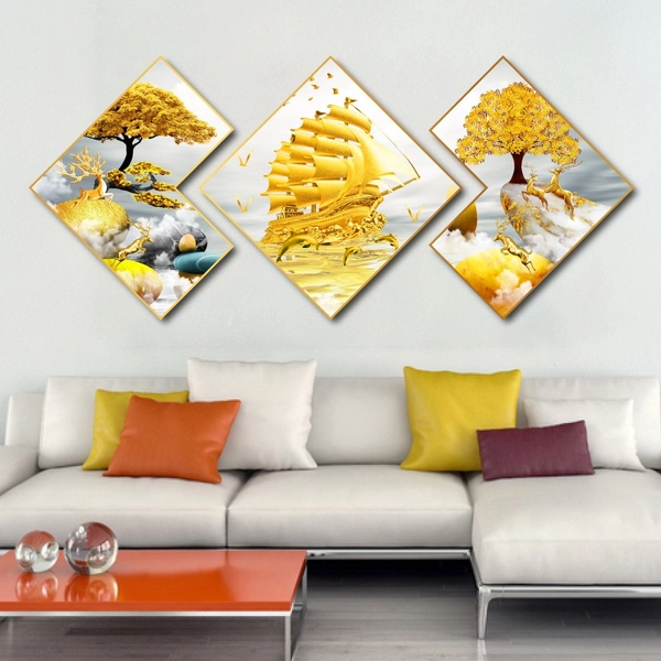 Tranh Tráng Gương Hình Thoi Thuyền Buồm Và Nai Vàng Nghệ Thuật