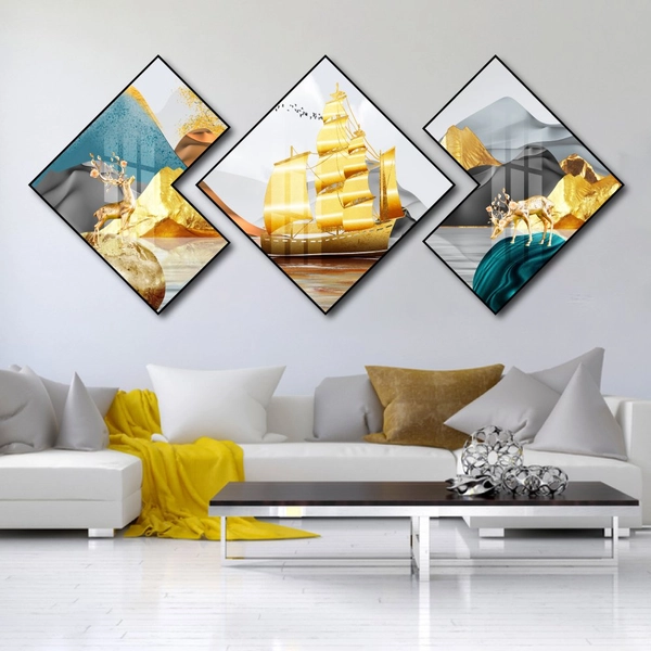 Tranh Tráng Gương Hình Thoi Cây Vàng Và Nai Nghệ Thuật