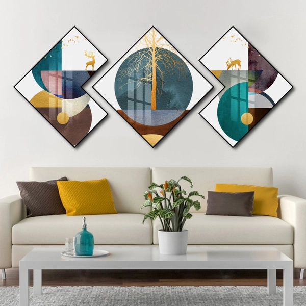 Tranh Tráng Gương Hình Thoi Cây Vàng Và Nai Nghệ Thuật