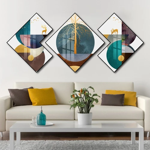 Tranh Tráng Gương Hình Thoi Cây Vàng Và Nai Nghệ Thuật