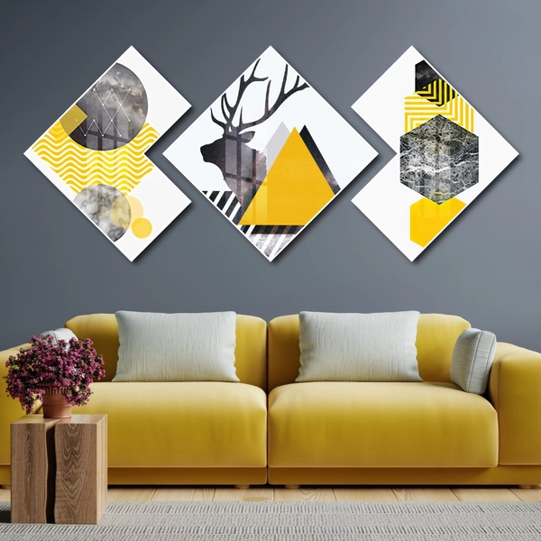 Tranh Tráng Gương Hình Thoi Cây Vàng Và Nai Nghệ Thuật