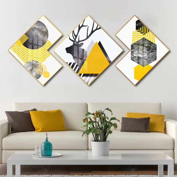 Tranh Tráng Gương Hình Thoi Cây Vàng Và Nai Nghệ Thuật