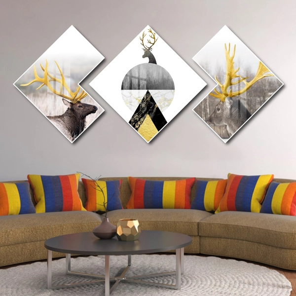 Tranh Tráng Gương Hình Thoi Cây Vàng Và Nai Nghệ Thuật