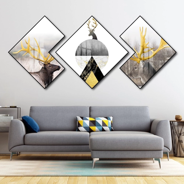 Tranh Tráng Gương Hình Thoi Cây Vàng Và Nai Nghệ Thuật