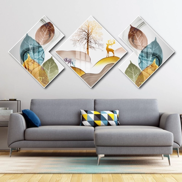 Tranh Tráng Gương Hình Thoi Cây Vàng Và Nai Nghệ Thuật