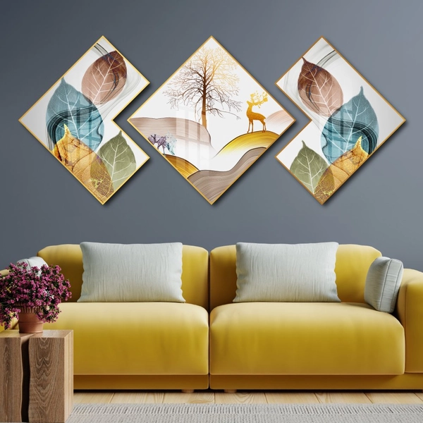 Tranh Tráng Gương Hình Thoi Cây Vàng Và Nai Nghệ Thuật