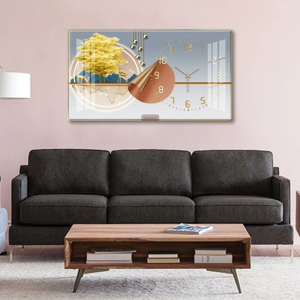 Tranh Đồng Hồ Treo Tường UV Pha Lê Bóng Đôi Hươu Tài Lộc