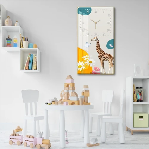 Tranh Đồng Hồ Treo Tường UV Pha Lê Bóng Hươu Cao Cổ