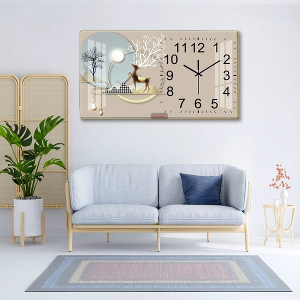 Tranh Đồng Hồ Treo Tường UV Pha Lê Cây Vàng Dưới Trăng Và Hươu Nghệ Thuật