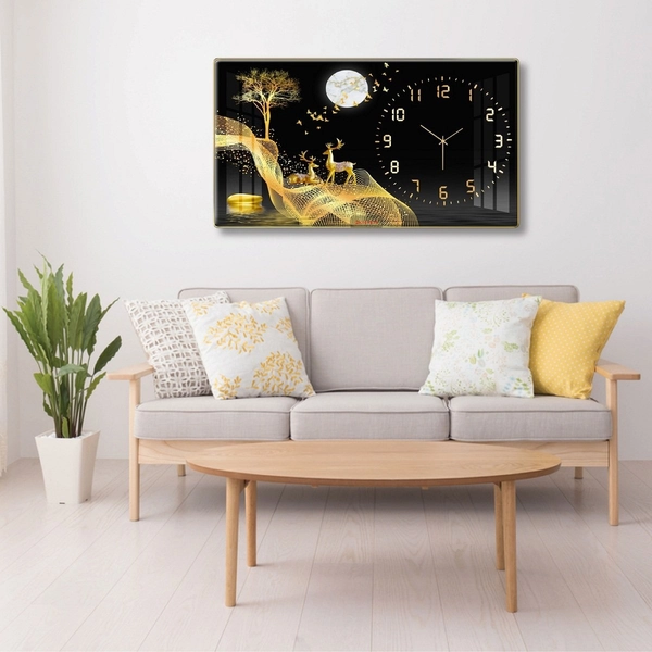 Tranh Đồng Hồ Treo Tường UV Pha Lê Bóng Hươu Nai Vàng Nghệ Thuật