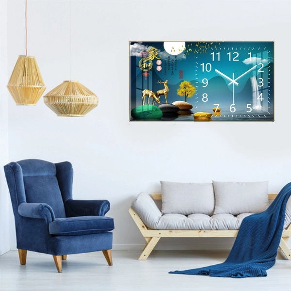 Tranh Đồng Hồ Treo Tường UV Pha Lê Bóng Hươu Nai Vàng Nghệ Thuật