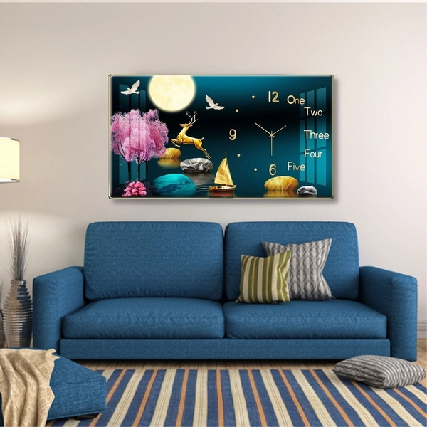 Tranh Đồng Hồ Treo Tường UV Pha Lê Cây Vàng Dưới Trăng Và Hươu Nghệ Thuật