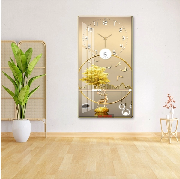 Tranh Đồng Hồ Treo Tường UV Pha Lê Cây Vàng Dưới Trăng Và Hươu Nghệ Thuật