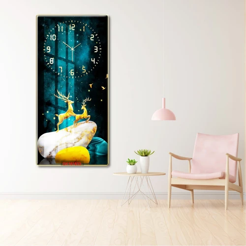 Tranh Đồng Hồ Treo Tường UV Pha Lê Bóng Hươu Nai Vàng Nghệ Thuật