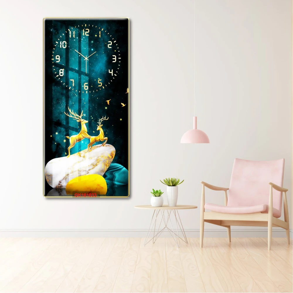 Tranh Đồng Hồ Treo Tường UV Pha Lê Bóng Hươu Nai Vàng Nghệ Thuật
