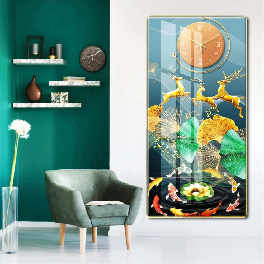 Tranh Đồng Hồ Treo Tường Nai Vàng Và Đàn Cá Nghệ Thuật