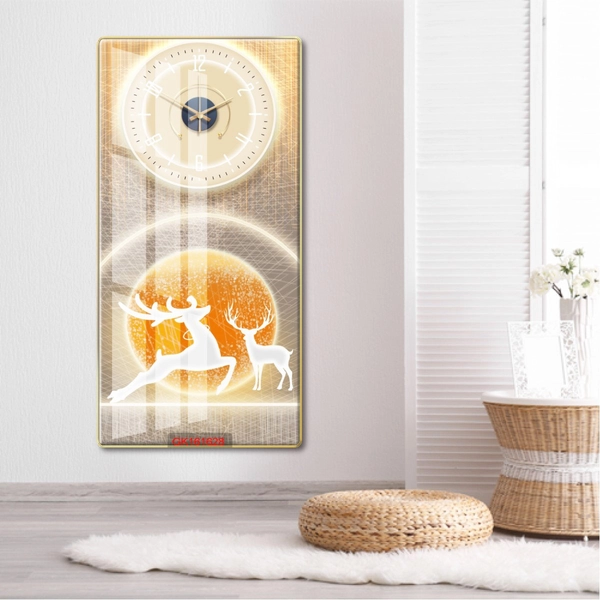 Tranh Đồng Hồ Treo Tường UV Pha Lê Bóng Đôi Hươu Tài Lộc