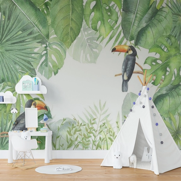 Tranh Dán Tường Đôi Chim Vẹt Và Lá Xanh