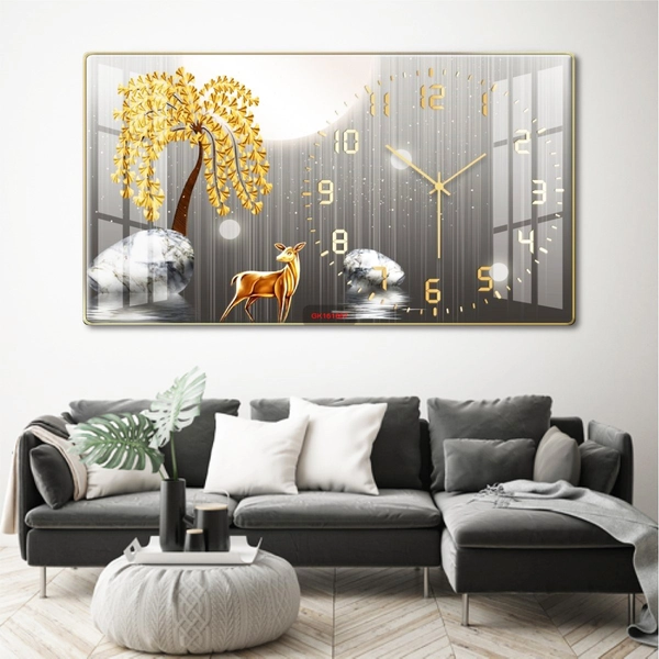 Tranh Đồng Hồ Treo Tường UV Pha Lê Cây Vàng Dưới Trăng Và Hươu Nghệ Thuật
