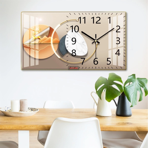 Tranh Đồng Hồ Treo Tường UV Pha Lê Cây Vàng Dưới Trăng Và Hươu Nghệ Thuật