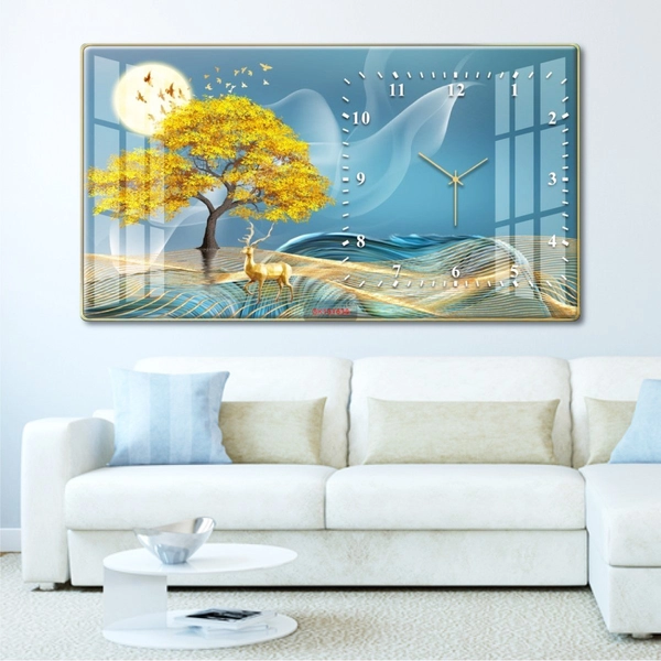 Tranh Đồng Hồ Treo Tường UV Pha Lê Cây Vàng Dưới Trăng Và Hươu Nghệ Thuật