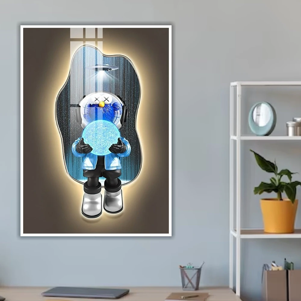 Tranh Treo Tường Gấu Kaws Bearbrick Phi Hành Gia Ôm Qủa Cầu Xanh