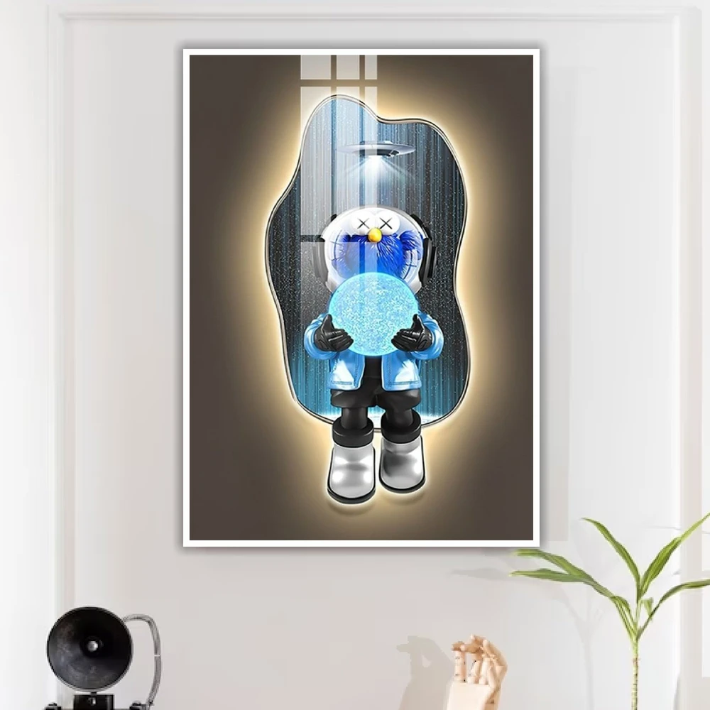 Tranh Treo Tường Gấu Kaws Bearbrick Phi Hành Gia Ôm Qủa Cầu Xanh