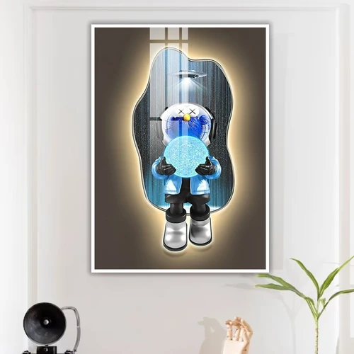 Tranh Treo Tường Gấu Kaws Bearbrick Phi Hành Gia Ôm Qủa Cầu Xanh