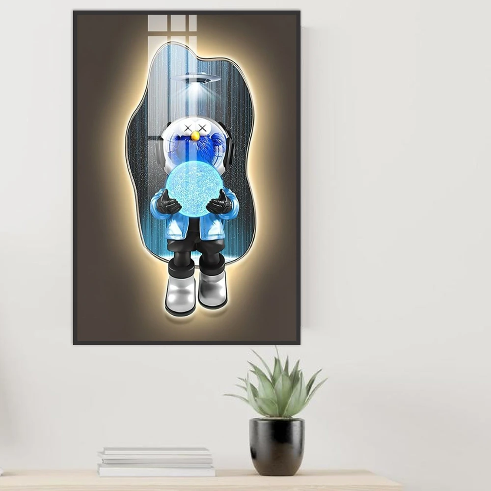 Tranh Treo Tường Gấu Kaws Bearbrick Phi Hành Gia Ôm Qủa Cầu Xanh