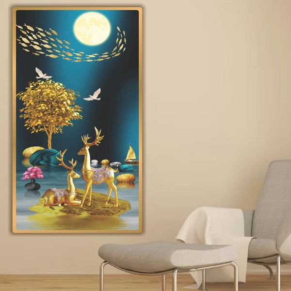 Tranh treo tường phòng khách nghệ thuật hươu vàng đêm trăng 56