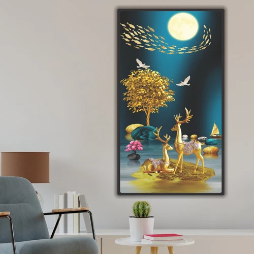 Tranh treo tường phòng khách nghệ thuật hươu vàng đêm trăng 56